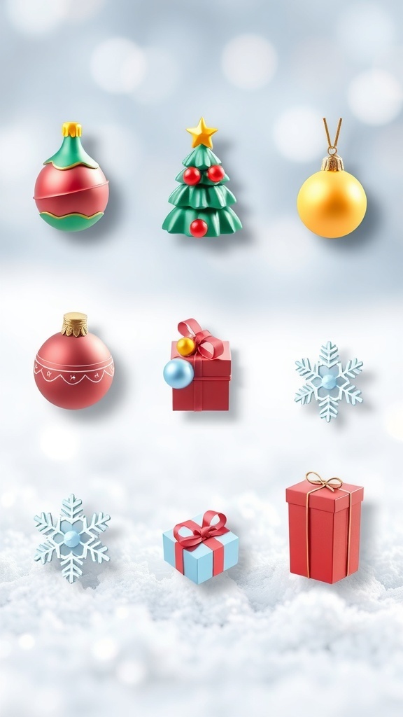Aesthetic 3D Christmas icons including a tree, ornaments, snowflakes, and gifts on a winter background.